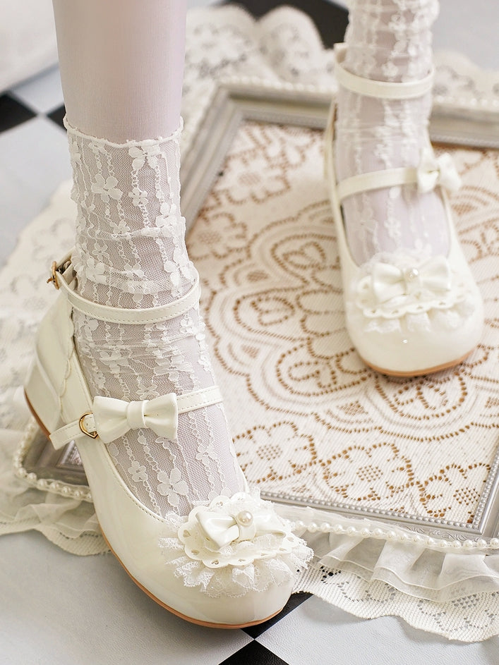 White Round Buckles Heart Lolita Lace at Milky Bow Toe Top Trim