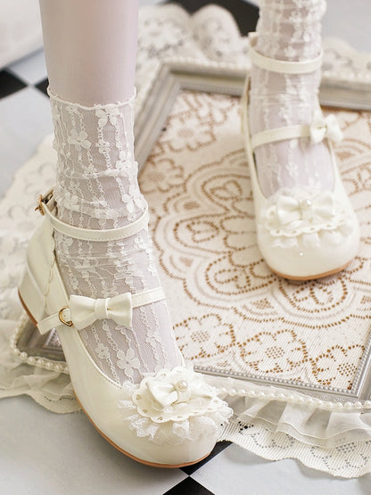 White Round Buckles Heart Lolita Lace at Milky Bow Toe Top Trim