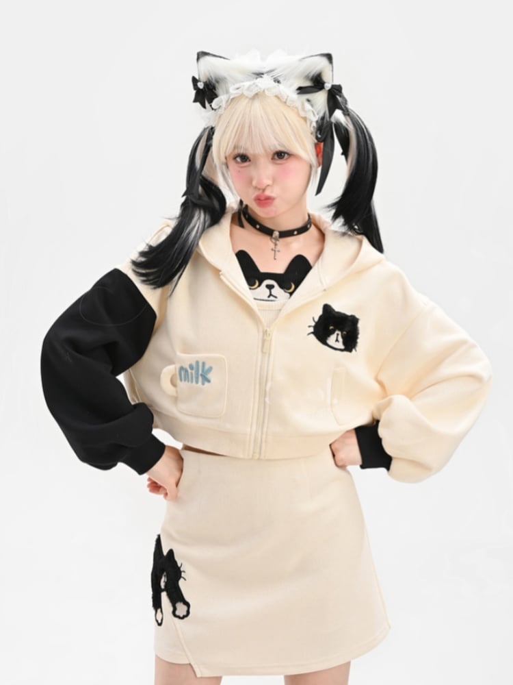 Black and White Kitty Ear Hood Kitty Pattern Zip Closure Cropped Hoodie