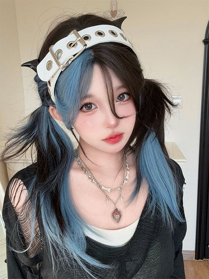 Black and Blue Highlights Long Straight Synthetic Wig With Bangs