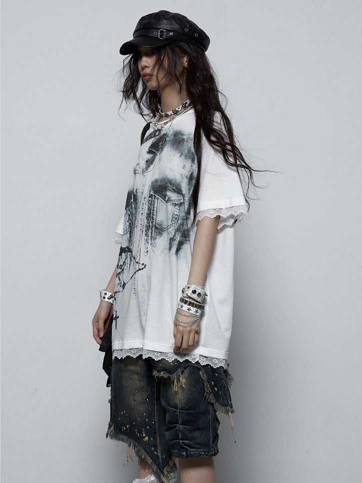 Lace-Trimmed Shoulder with Print Black Denim Lace-Up T-shirt Punk Detail White
