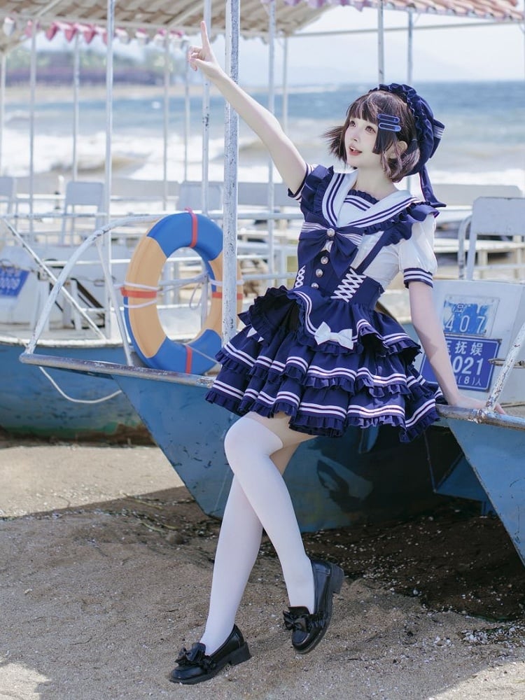 Lolita Dress Accents Tiered Skirt Sweet Flutter Sleeves Bow Overalls Blue Navy