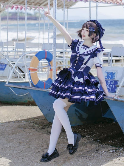 Lolita Dress Accents Tiered Skirt Sweet Flutter Sleeves Bow Overalls Blue Navy
