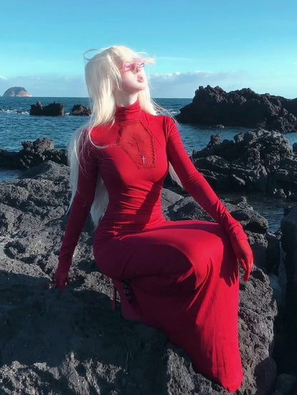 Gothic Red Coffin Cutout Cross Details High Neck Mermaid Skirt Maxi Dress