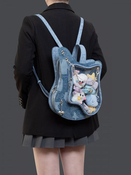 Heart Chain Accents Style Chic 2-Way Kawaii Blue Guitar-Shaped Ita Bag With Y2K