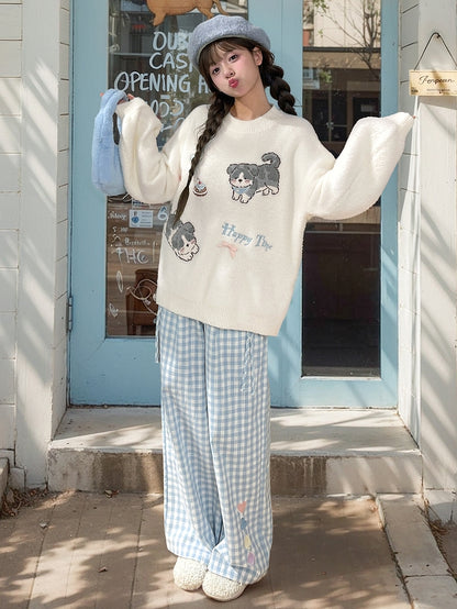 White Cute Puppies Pattern Round Neck Loose Sweater