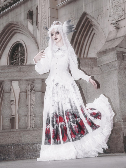 Print Ruffled Red and White Skirt Pleat Box Angel Castle with Hem Gothic
