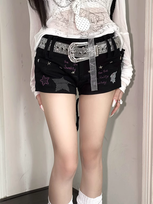 Black Low-Rise Star Studs Graffiti Print Shorts