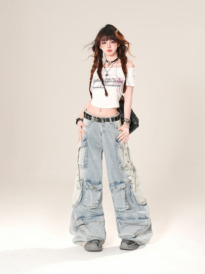 Low Blue/Black Waist Cargo Pockets Wide-Leg Jeans