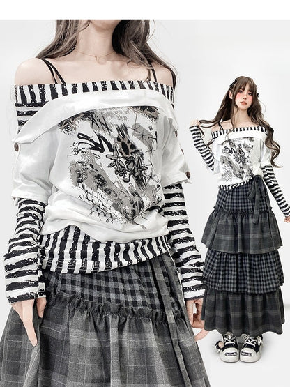 Striped Sleeves WhiteBlack Top Design Print Pattern Neckline Long Off-the-shoulder
