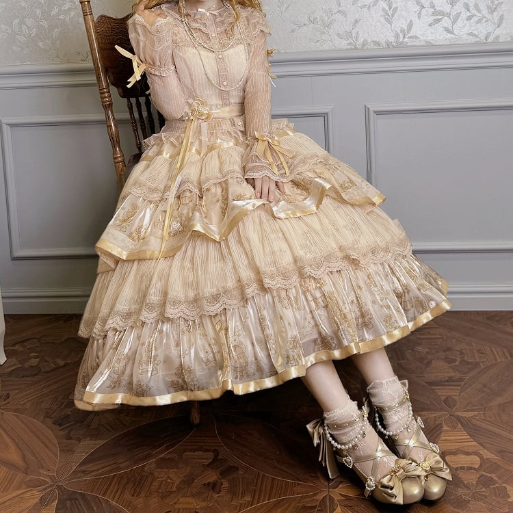 Skirt Bunny Champagne Lolita Kitty Print Ruffle and Tiered