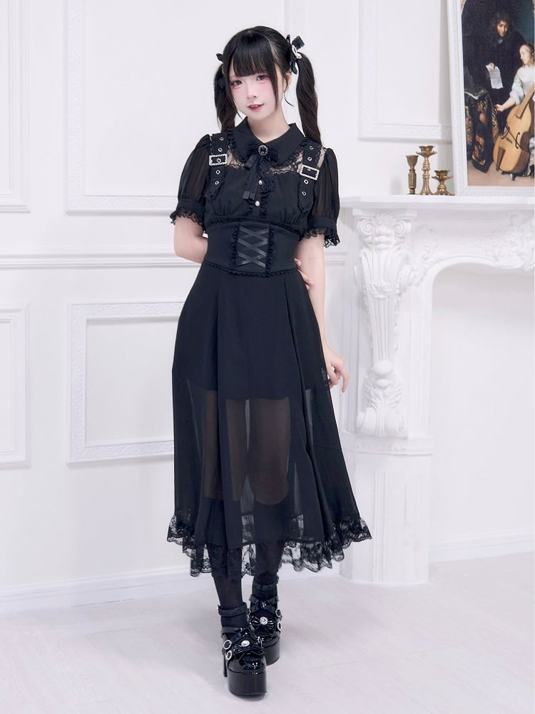 Illusion Black Neckline Dress Free Corset Jirai Buckle with Belt Adorned Kei Long