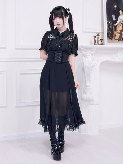 Illusion Black Neckline Dress Free Corset Jirai Buckle with Belt Adorned Kei Long