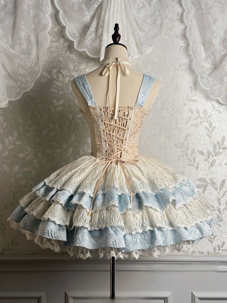 Baskenblaues, abnehmbares Lolita-Hals-Qi-Neckholder-Kleid mit gestuftem Rock und Taille