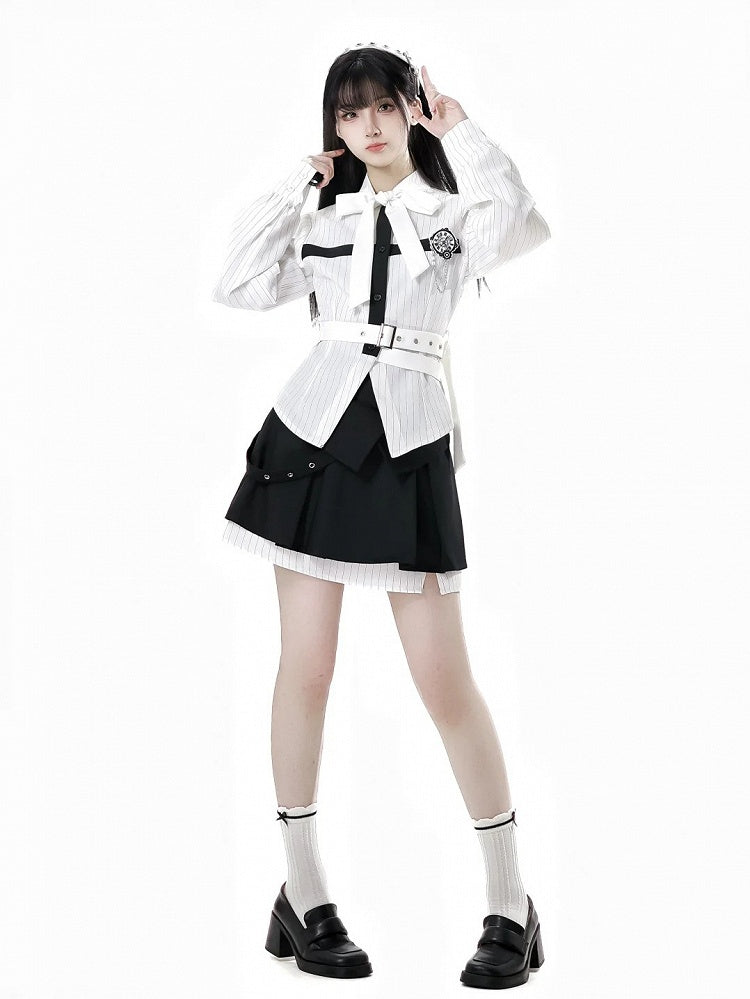 Hemd mit abnehmbarer Schmetterlingsuhr-Brosche, Schleife, schwarz, zum Selbstbinden, weiße Streifen, Kreuz-Design