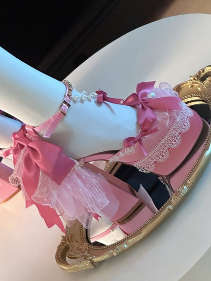Pink Bows Lace Trim Rhinestone Ankle Strap Block Heel Hime Lolita Shoes with Beaded Chains