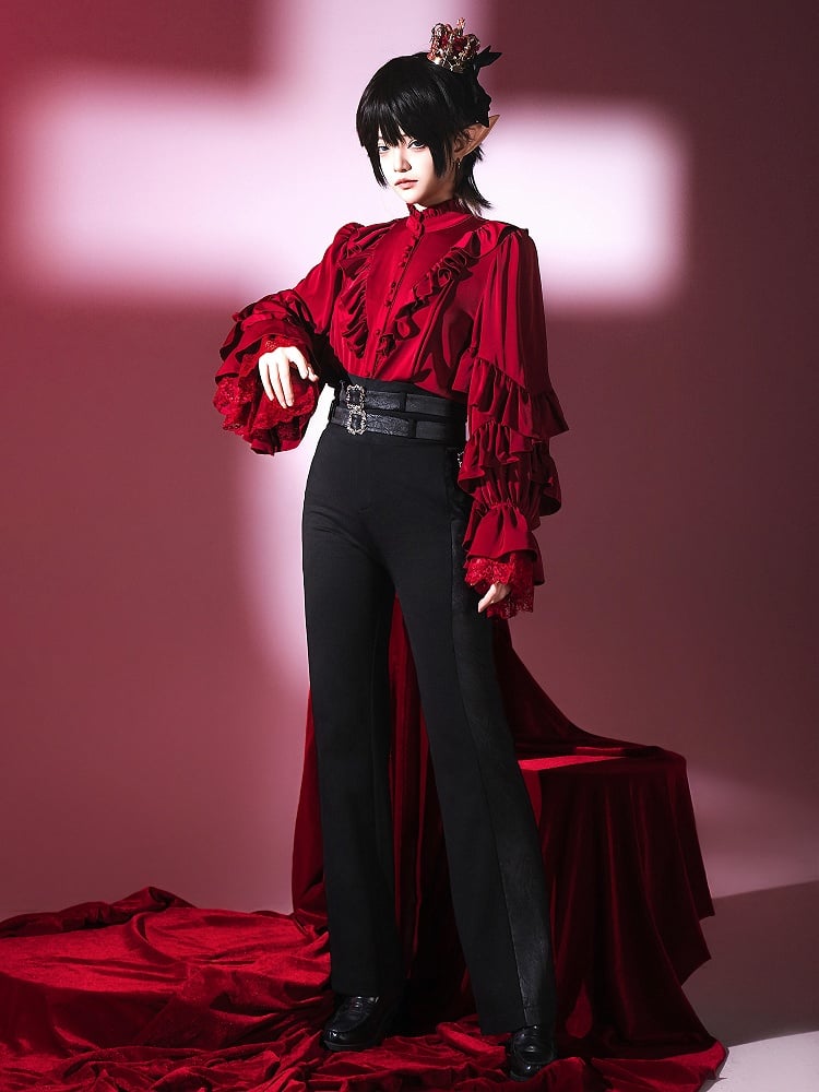 Black Ouji Fashion Lolita High Waist Pants with Two Belts
