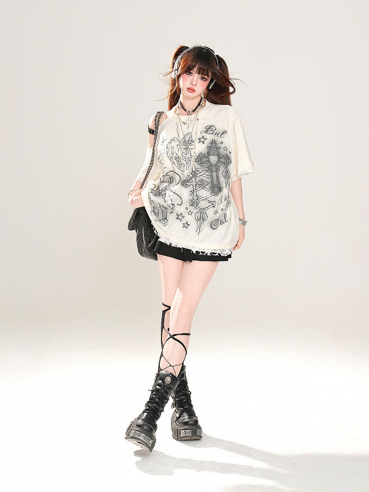 Apricot/Black Cutout Shoulder Lace Trim Graphic T-Shirt