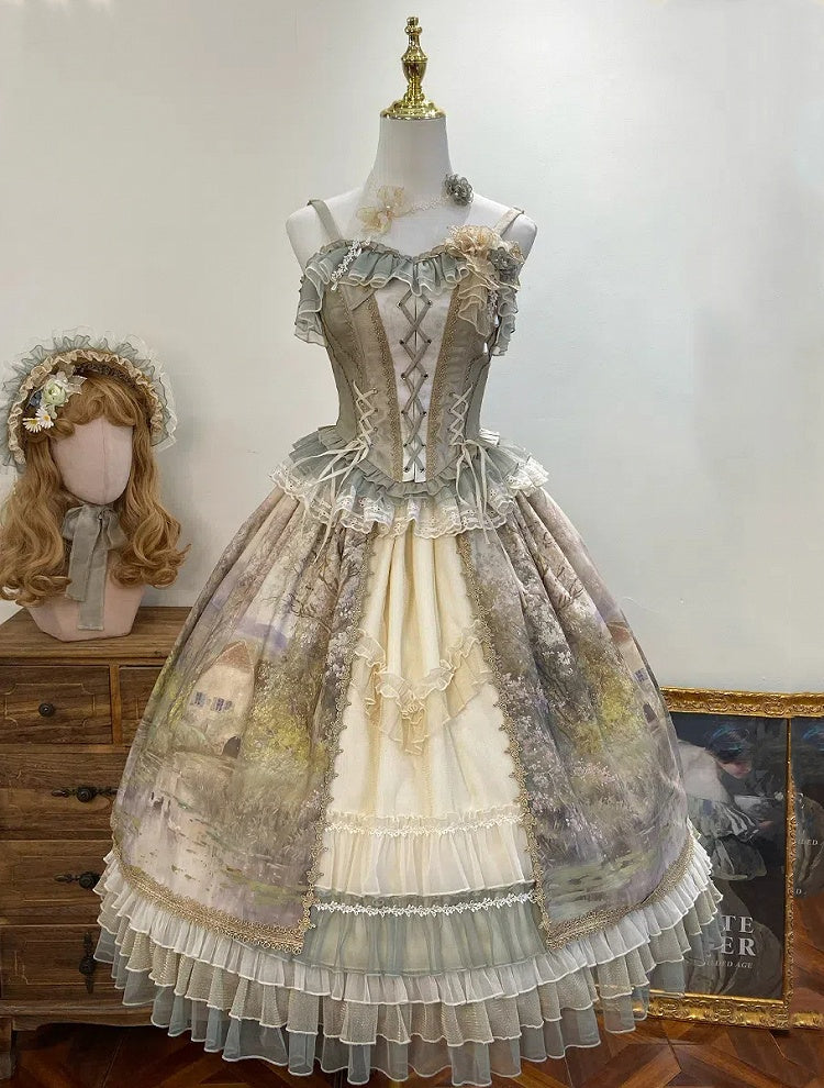 油絵プリントのグリーンレイヤードフリル裾ロリータスカート