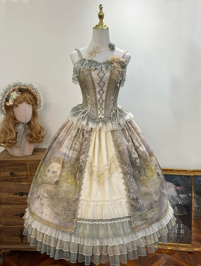 油絵プリントのグリーンレイヤードフリル裾ロリータスカート