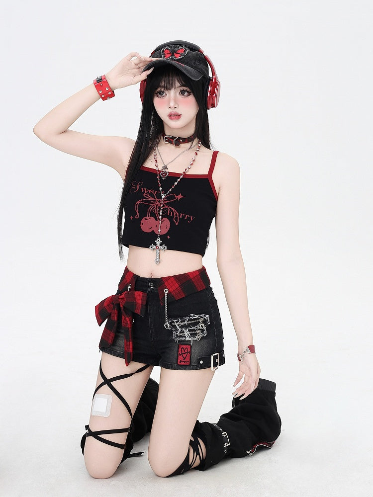Red Denim Shorts Plaid Bowknot Black Glamorous