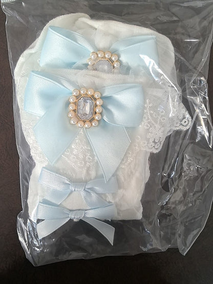 Cuffs Socks Rhinestone Bowknot Kei Jirai Lace Calf Details White/Black