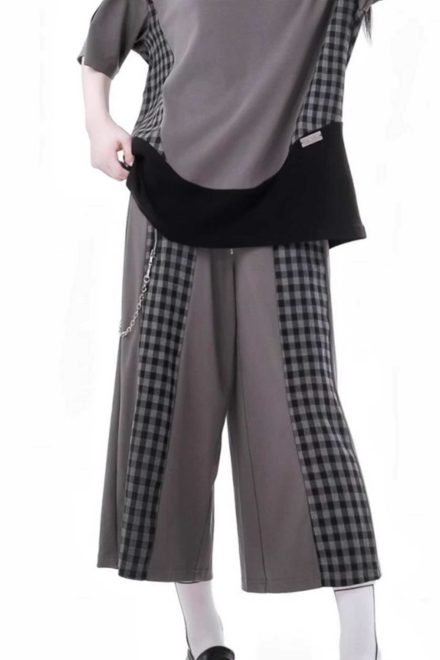 Mode Top Check Pants Skirt Casual Wide +