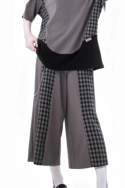 Mode Top Check Pants Skirt Casual Wide +