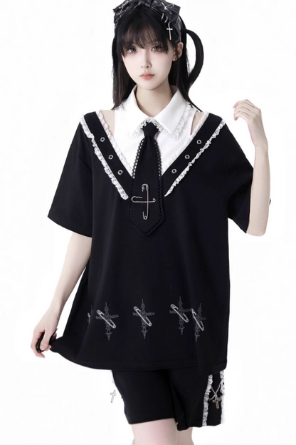 Loose Pants Top Frilled Hooded + Warmers Leg Half Dress Nektor