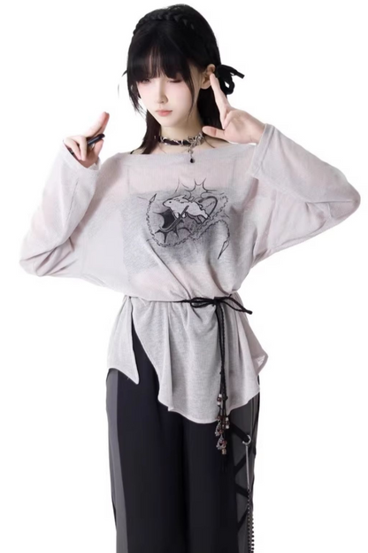 Mode top T-shirt pants wide + design lace-up waist
