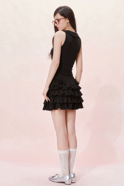 Slim Cake Dress Fit Sleeveless Chic Ruffle V-Neck