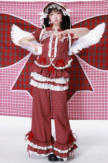Check Lace Ruffle Retro Long Pants