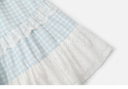 Jupe Mori Kei à carreaux en patchwork de dentelle bleue et blanche à taille haute