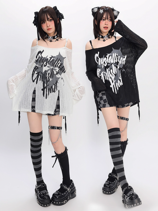 Y2K Slit Black/White Off-the-shoulder Graphic Hem Neckline Coverup