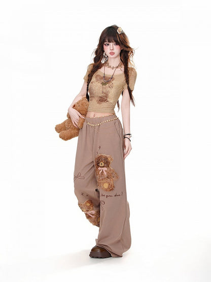 Brown Plush Teddy Bear Bowknots Detail Loose Wide-Leg Pants