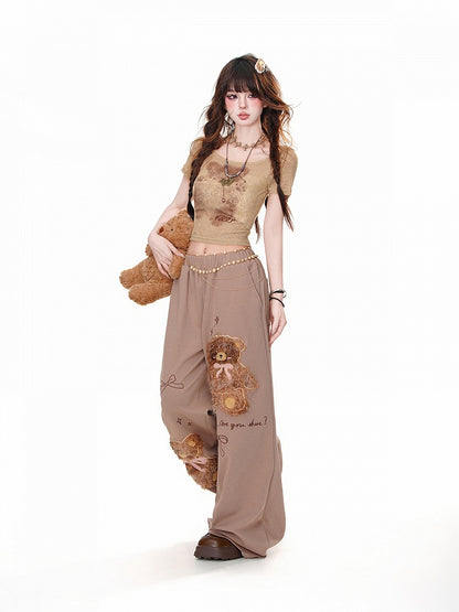 Wide-Leg Pants Detail Loose Teddy Bear Bowknots Brown Plush
