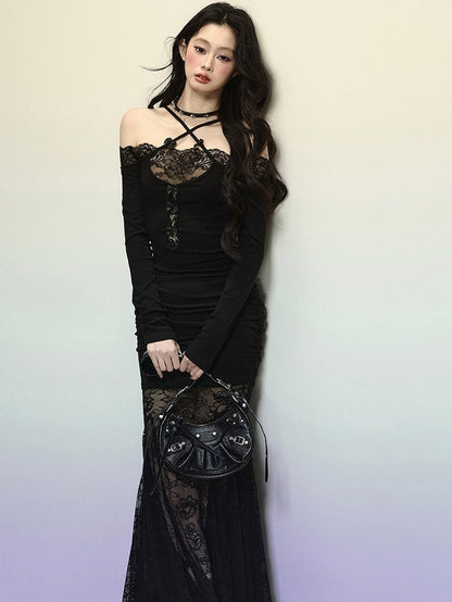 Robe longue sirène en dentelle noire patchwork, bretelles croisées, dos nu, robe de soirée