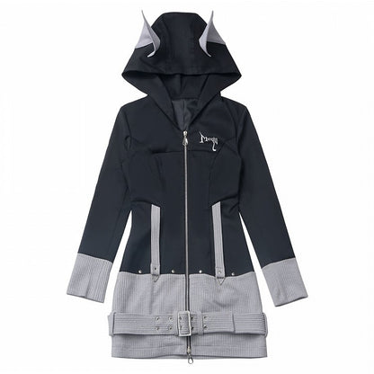 Black Strap and Design Hood Colorblock Wolf Ears Buckle Zip Closure Dress Gray Knit
