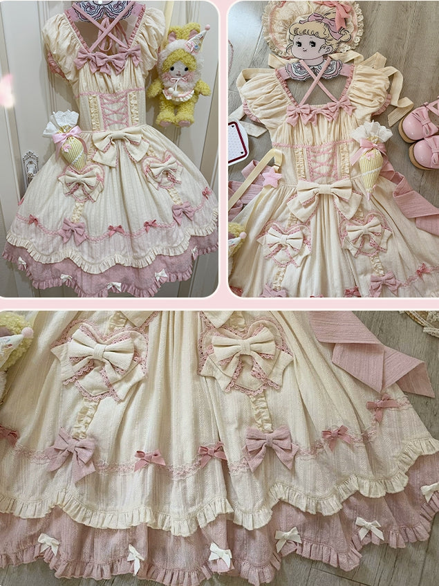 Sleeves Detail Sweet Old School Bowknots Lolita And Dress Yellow Piece One Pink Short Light