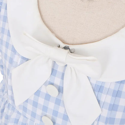 Blue Pockets Heart-shaped Sweet Dress Bowknots Plaid Flutter Sleeves Light