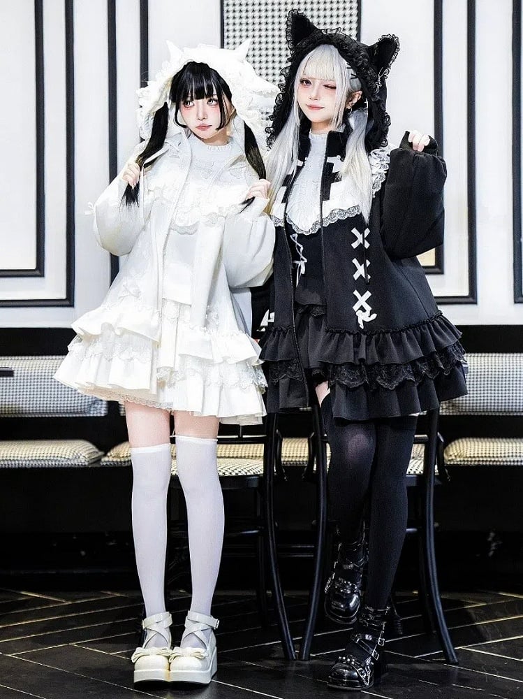 Embroidery Kei-inspired White Jirai Cross High Neck Goth Dress