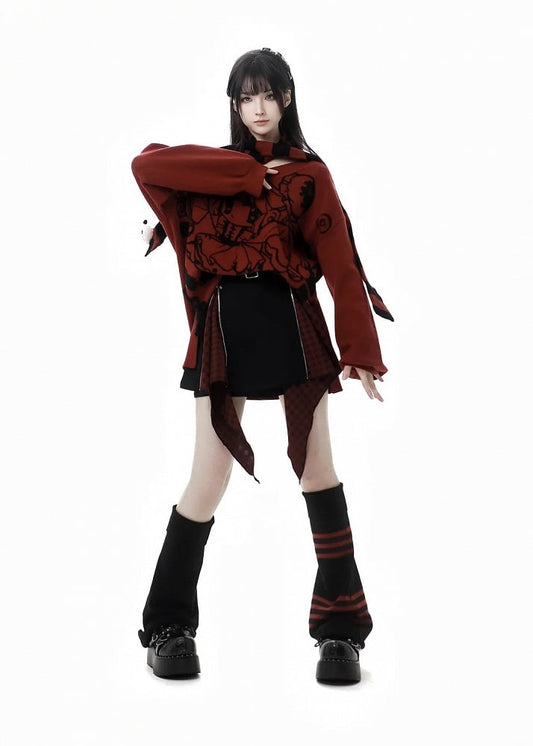 Red Stripe Pattern Black Knitted Leg Warmers