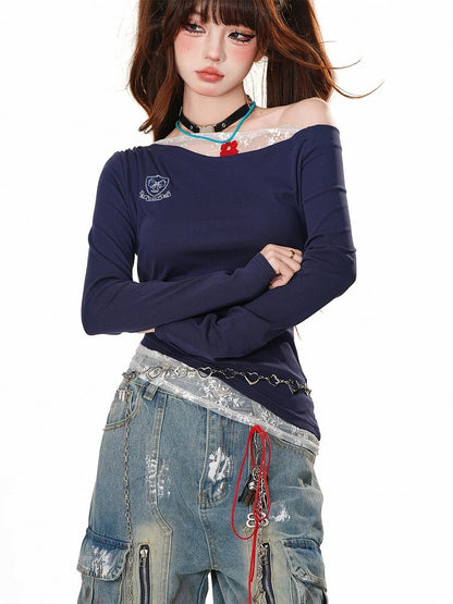 Apricot/Royal Blue Lace Accents Asymmetrical Neckline Slim-fit Top
