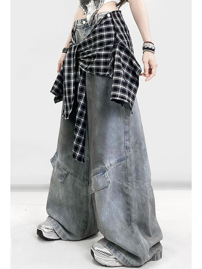 Wide-leg With Blue Bittersweet Jeans BlackWhite Plaid Pattern Accessory Cut Detachable