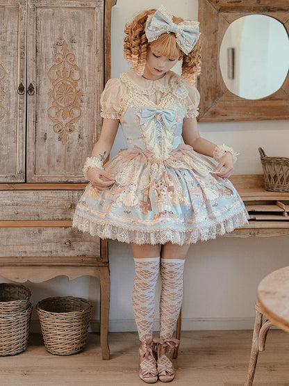 Baby Jumper Mieder Tea Party Print Kitty Kleid Blau Rock Korsett Sweet Lolita
