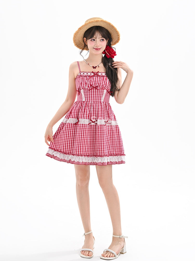 Akzente Spitze Sommer Trim Urlaub Cami Kleid Bowknot Rot und Weiß Plaid