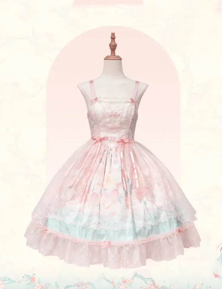 Robe Lolita rose à taille basque, imprimé pêche et fleurs de pêcher JSK
