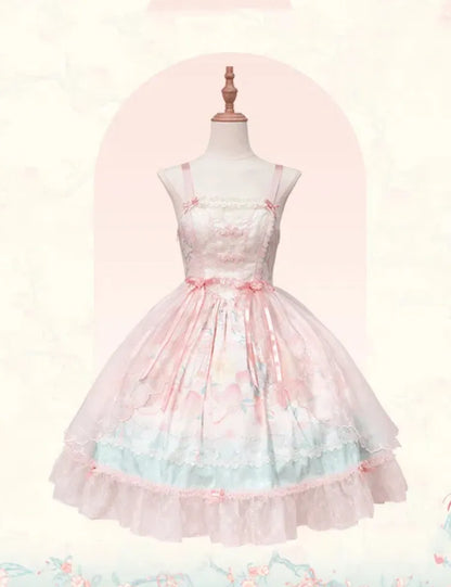 Robe Lolita rose à taille basque, imprimé pêche et fleurs de pêcher JSK