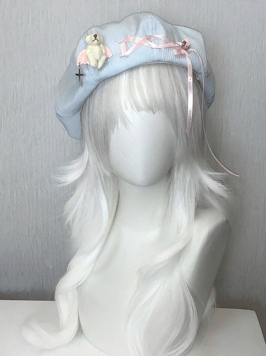 Rhinestone Plush Angel Bear Beret with Lace-up Detail
