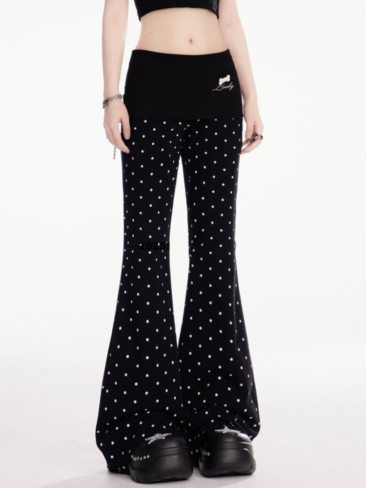 Flared Casual Pants Black Polka Dot Elastic Waist Slim-fitting